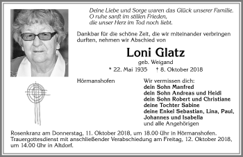 Traueranzeige von Loni Glatz von Allgäuer Zeitung, Kaufbeuren/Buchloe