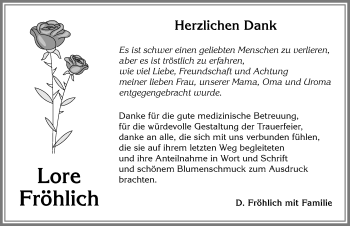 Traueranzeige von Lore Fröhlich von Allgäuer Zeitung, Kaufbeuren/Buchloe