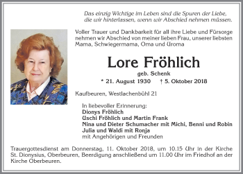 Traueranzeige von Lore Fröhlich von Allgäuer Zeitung, Kaufbeuren/Buchloe