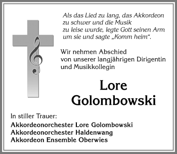 Traueranzeige von Lore Golombowski von Allgäuer Zeitung,Kempten