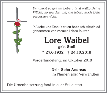 Traueranzeige von Lore Waibel von Allgäuer Anzeigeblatt