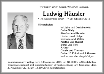 Traueranzeige von Ludwig Häusler von Allgäuer Zeitung,Kempten