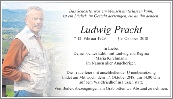 Traueranzeige von Ludwig Pracht von Allgäuer Zeitung, Füssen