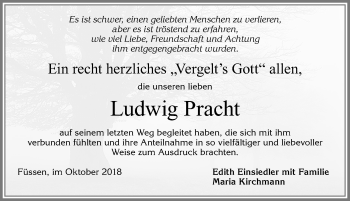 Traueranzeige von Ludwig Pracht von Allgäuer Zeitung, Füssen