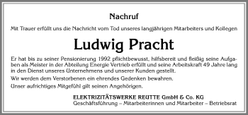 Traueranzeige von Ludwig Pracht von Allgäuer Zeitung, Füssen