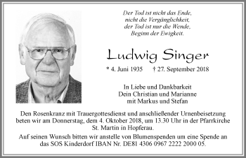Traueranzeige von Ludwig Singer von Allgäuer Zeitung