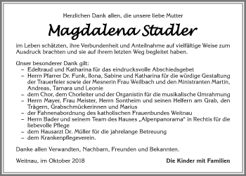 Traueranzeige von Magdalena Stadler von Allgäuer Zeitung,Kempten