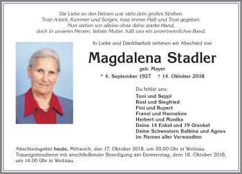 Traueranzeige von Magdalena Stadler von Allgäuer Zeitung,Kempten