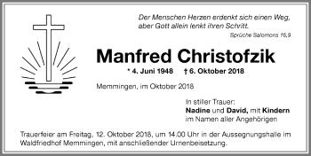 Traueranzeige von Manfred Christofzik von Memminger Zeitung