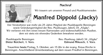 Traueranzeige von Manfred Dippold von Memminger Zeitung