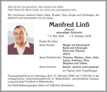 Traueranzeige von Manfred Linß von Allgäuer Zeitung,Kempten