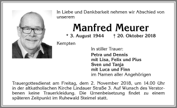 Traueranzeige von Manfred Meurer von Allgäuer Zeitung,Kempten
