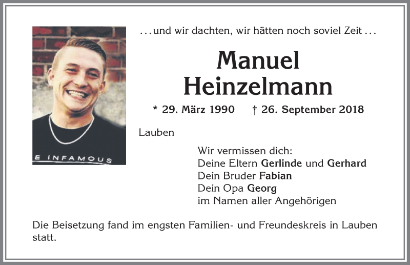  Traueranzeige für Manuel Heinzelmann vom 10.10.2018 aus Allgäuer Zeitung,Kempten