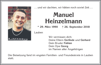 Traueranzeige von Manuel Heinzelmann von Allgäuer Zeitung,Kempten