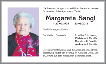 Traueranzeige von Margareta Sangl von Allgäuer Anzeigeblatt