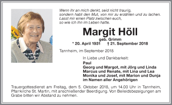 Traueranzeige von Margit Höll von Memminger Zeitung