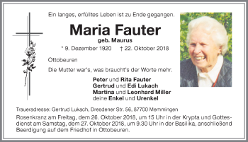 Traueranzeige von Maria Fauter von Memminger Zeitung