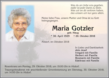 Traueranzeige von Maria Gotzler von Allgäuer Zeitung, Marktoberdorf