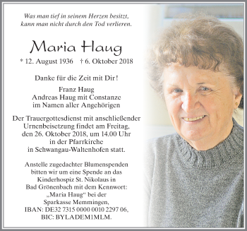 Traueranzeige von Maria Haug von Allgäuer Zeitung, Füssen