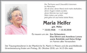 Traueranzeige von Maria Helfer von Allgäuer Anzeigeblatt