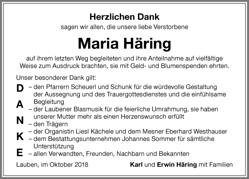  Traueranzeige für Maria Häring vom 05.10.2018 aus Memminger Zeitung