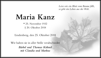 Traueranzeige von Maria Kanz von Der Westallgäuer