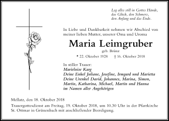 Traueranzeige von Maria Leimgruber von Der Westallgäuer