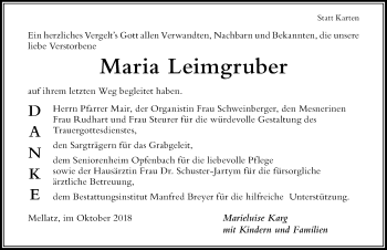 Traueranzeige von Maria Leimgruber von Der Westallgäuer