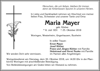 Traueranzeige von Maria Mayer von Memminger Zeitung