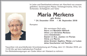 Traueranzeige von Maria Merkens von Allgäuer Zeitung,Kempten