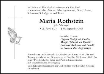 Traueranzeige von Maria Rothstein von Der Westallgäuer