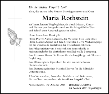 Traueranzeige von Maria Rothstein von Der Westallgäuer