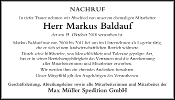 Traueranzeige von Markus Baldauf von Der Westallgäuer