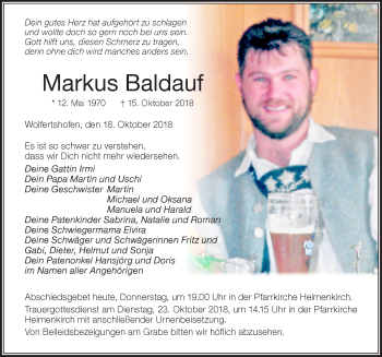 Traueranzeige von Markus Baldauf von Der Westallgäuer