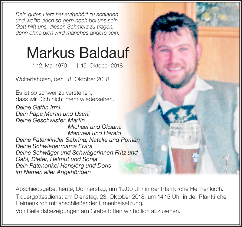  Traueranzeige für Markus Baldauf vom 18.10.2018 aus Der Westallgäuer