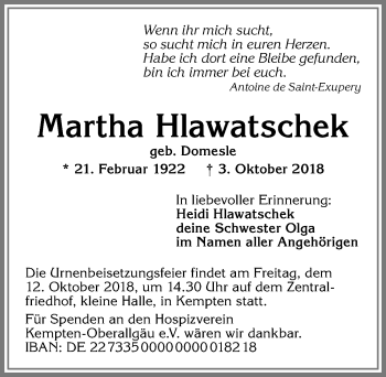 Traueranzeige von Martha Hlawatschek von Allgäuer Zeitung,Kempten