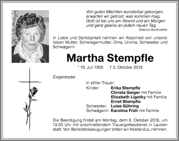 Traueranzeige von Martha Stempfle von Memminger Zeitung