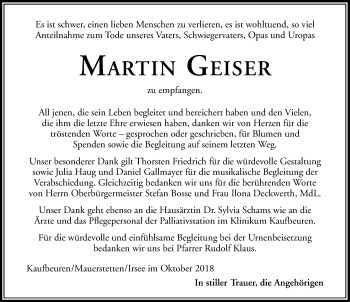 Traueranzeige von Martin Geiser von Allgäuer Zeitung, Kaufbeuren/Buchloe