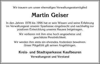 Traueranzeige von Martin Geiser von Allgäuer Zeitung, Kaufbeuren/Buchloe