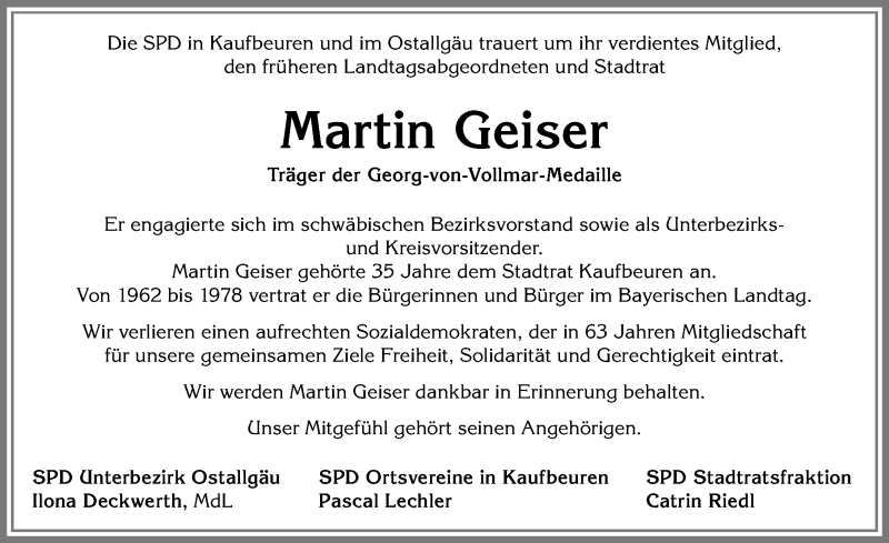  Traueranzeige für Martin Geiser vom 02.10.2018 aus Allgäuer Zeitung, Kaufbeuren/Buchloe