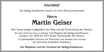 Traueranzeige von Martin Geiser von Allgäuer Zeitung, Kaufbeuren/Buchloe