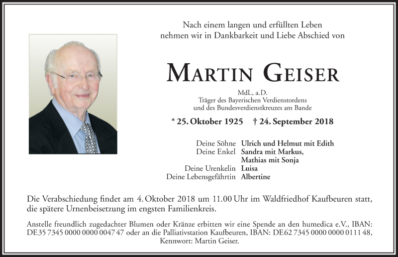  Traueranzeige für Martin Geiser vom 02.10.2018 aus Allgäuer Zeitung, Kaufbeuren/Buchloe