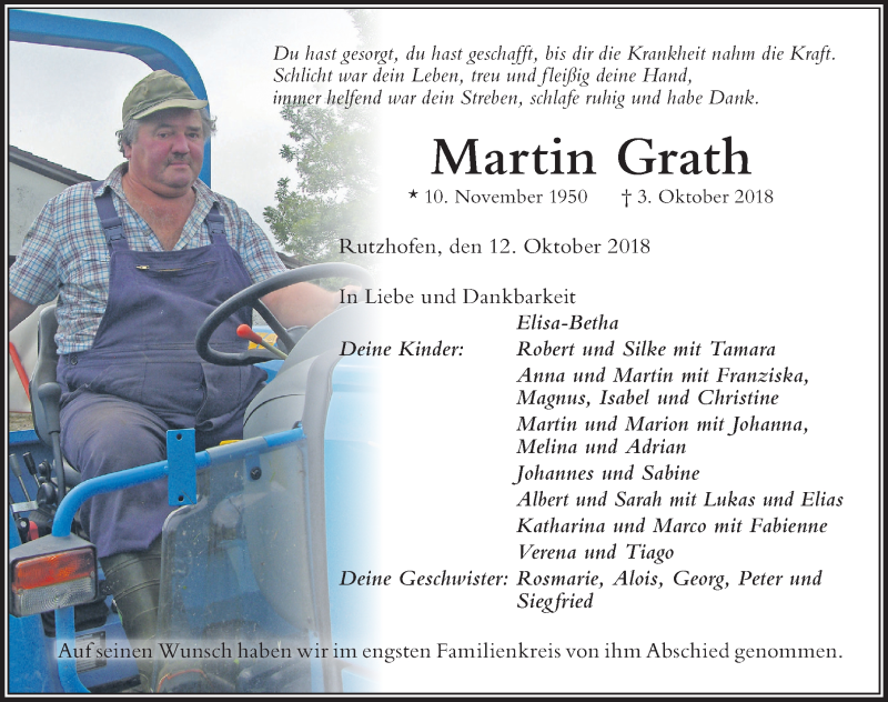 Traueranzeige für Martin Grath vom 12.10.2018 aus Der Westallgäuer