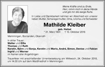 Traueranzeige von Mathilde Kleiber von Memminger Zeitung