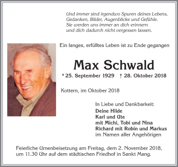 Traueranzeige von Max Schwald von Allgäuer Zeitung,Kempten