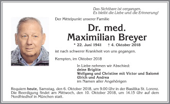 Traueranzeige von Maximilian Breyer von Allgäuer Zeitung,Kempten