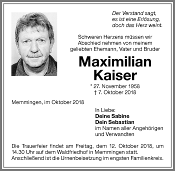 Traueranzeige von Maximilian Kaiser von Memminger Zeitung