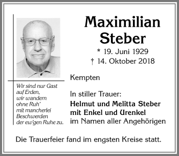 Traueranzeige von Maximilian Steber von Allgäuer Zeitung,Kempten