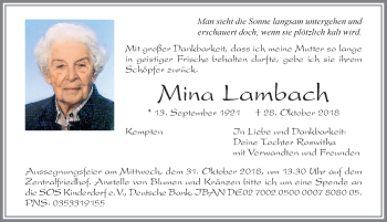 Traueranzeige von Mina Lambach von Allgäuer Zeitung,Kempten