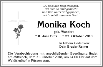 Traueranzeige von Monika Koch von Allgäuer Zeitung, Füssen